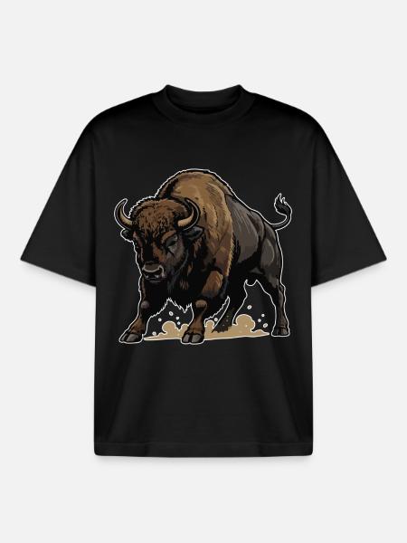 Wild Bison Charge Mascot Buffalo - Boxy Heavyweight Unisex Organic T-Shirt by Stanley/Stella - black