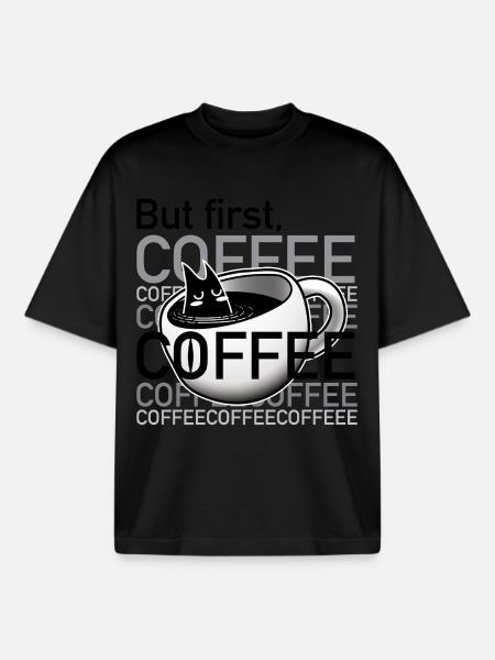 Sleepy_Coffee_cat_in_cup - Boxy Heavyweight Unisex Organic T-Shirt by Stanley/Stella - black