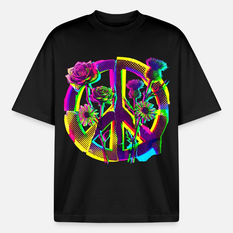 Peace Flowers Peace Demo - Heavyweight Boxy Unisex T-Shirt by Stanley/Stella - black