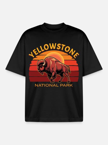 Yellowstone National Park Buffalo Bison - Boxy Heavyweight Unisex Organic T-Shirt by Stanley/Stella - black