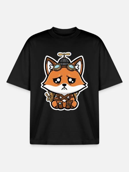 Petit Renard Aviateur Steampunk Triste Hélice - T-shirt unisexe boxy épais biologique Stanley/Stella - noir