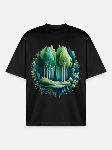 Wald Langbaum Naturmalerei-Druck - Boxy Heavyweight Unisex Organic T-Shirt von Stanley/Stella - Schwarz