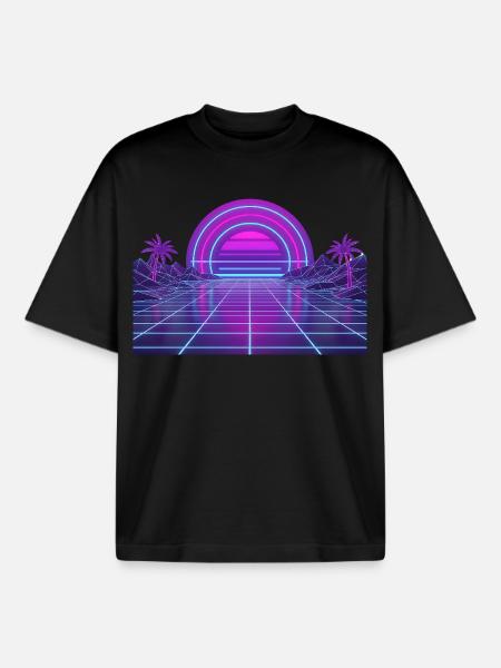 Retro Synthwave Sunset Neon Motif 80s - Boxy Heavyweight Unisex Organic T-Shirt by Stanley/Stella - black