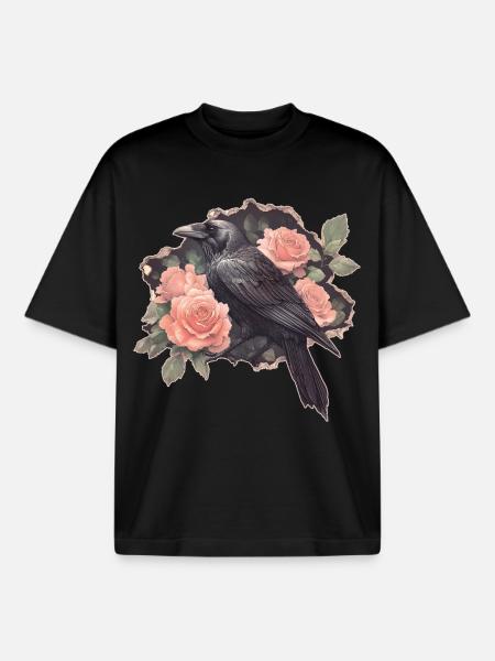 Raven with roses - Boxy Heavyweight Unisex Organic T-Shirt by Stanley/Stella - black