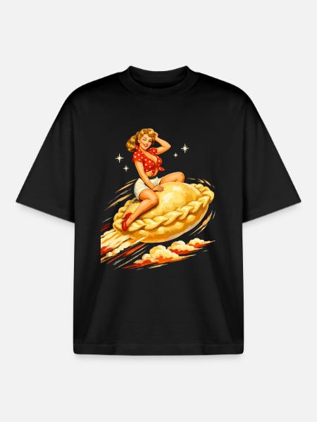 Pelmeni Pin-Up: Flying Dumpling Retro Art - Boxy Heavyweight Unisex Organic T-Shirt by Stanley/Stella - black