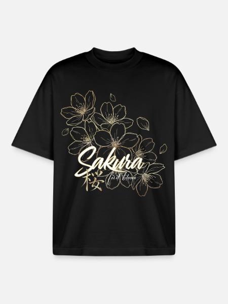 Japanese Sakura Cherry Blossoms - Boxy Heavyweight Unisex Organic T-Shirt by Stanley/Stella - black