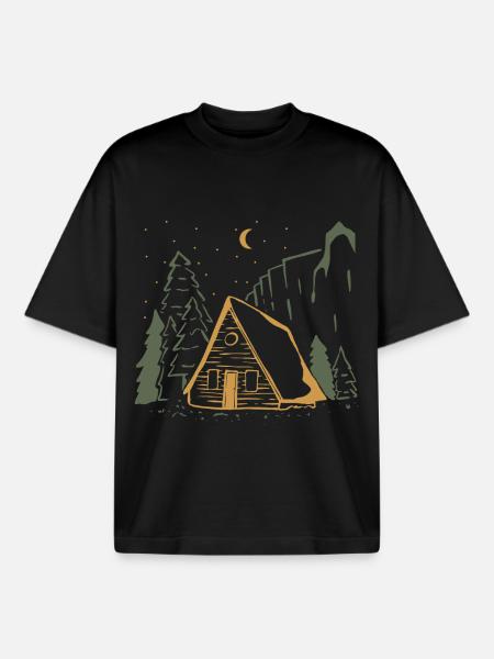 Moonlit Rustic Cabin Night - Boxy Heavyweight Unisex Organic T-Shirt by Stanley/Stella - black