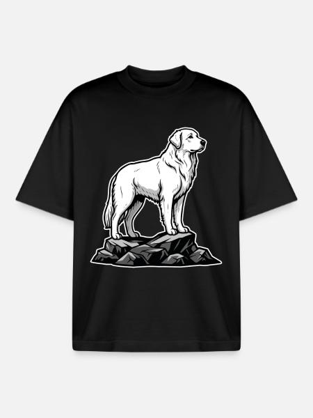 Dog Pyrenean Mountain Patou on Rock - Boxy Heavyweight Unisex Organic T-Shirt by Stanley/Stella - black