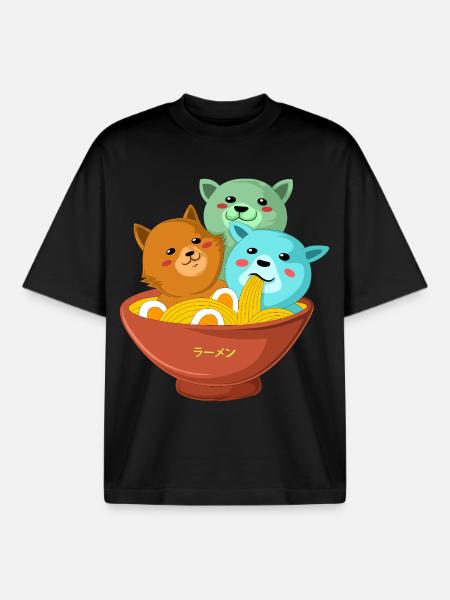 Kawaii Three Cats Ramen Shirt - Boxy Heavyweight Unisex Organic T-Shirt by Stanley/Stella - black