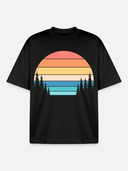 Retro Sunset and Pine Forest - Boxy Heavyweight Unisex Organic T-Shirt by Stanley/Stella - black