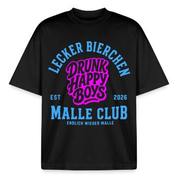 Malle 2026 Lecker Bierchen Malle Club - Boxy Heavyweight Unisex Organic T-Shirt von Stanley/Stella - Schwarz - Vorne - AI Model Male 185 light (185cm) & AI Model Female 172 dark (172cm)