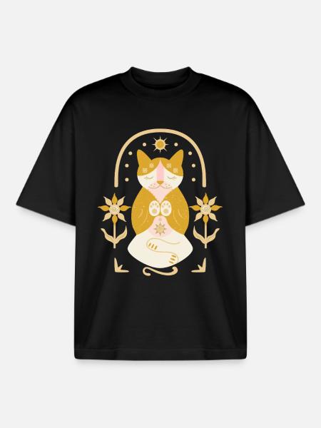Zen-Katze im Sonnenblumengarten - Boxy Heavyweight Unisex Organic T-Shirt von Stanley/Stella - Schwarz