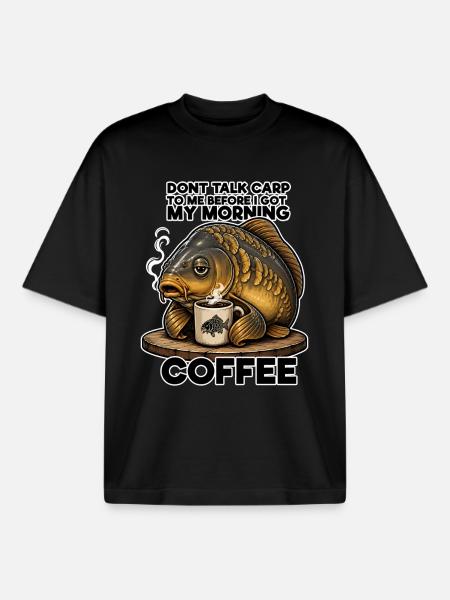 Funny Carp Coffee Fishing Design - Boxy Heavyweight Unisex Organic T-Shirt by Stanley/Stella - black
