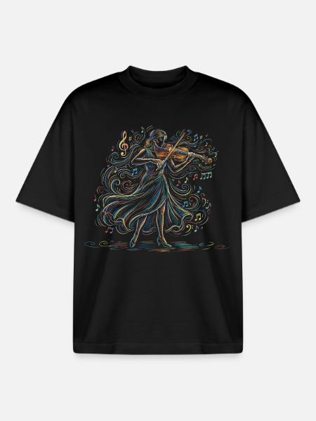Female Violinist Playing Violin Drawing Art - Boxy Heavyweight Unisex Organic T-Shirt by Stanley/Stella - black