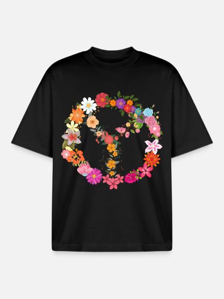 Flower Power Peace Symbol - Boxy Heavyweight Unisex Organic T-Shirt by Stanley/Stella - black