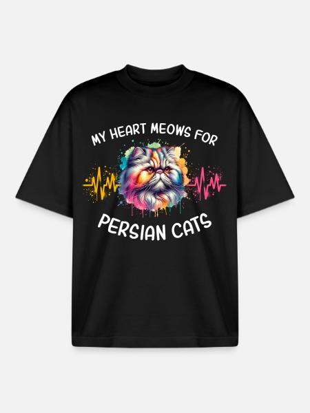 Persian Cat Heartline - Boxy Heavyweight Unisex Organic T-Shirt by Stanley/Stella - black