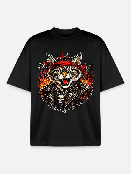 Rocker Cat - Boxy Heavyweight Unisex Organic T-Shirt by Stanley/Stella - black