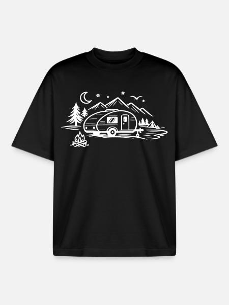Camping Trailer Landscape - Boxy Heavyweight Unisex Organic T-Shirt by Stanley/Stella - black