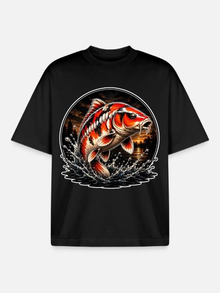 Red White Koi Splash Art Design - Boxy Heavyweight Unisex Organic T-Shirt by Stanley/Stella - black