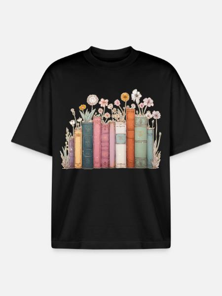 Books with flowers - Boxy Heavyweight Unisex Organic T-Shirt by Stanley/Stella - black