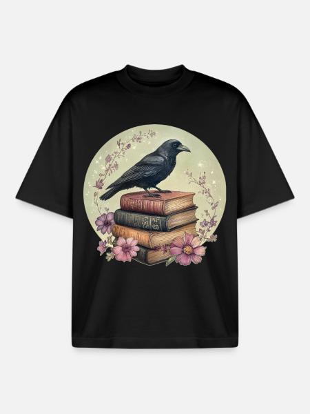 Raven on stack of books - Boxy Heavyweight Unisex Organic T-Shirt by Stanley/Stella - black