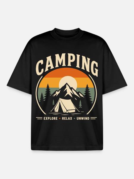 Camping Retro Sunset Tent Landscape - Boxy Heavyweight Unisex Organic T-Shirt by Stanley/Stella - black