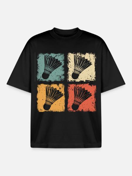 Badminton Shuttlecock Retro Style - Boxy Heavyweight Unisex Organic T-Shirt by Stanley/Stella - black
