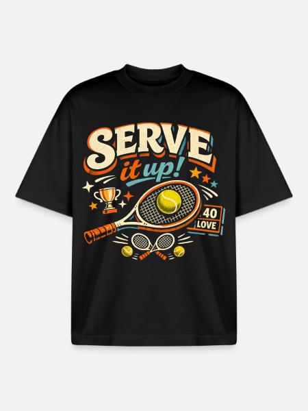 Tennis Serve It Up Retro Motif - Boxy Heavyweight Unisex Organic T-Shirt by Stanley/Stella - black