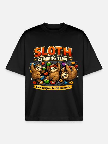 Sloth Climbing Team – Comic Bouldering Design - Boxy Heavyweight Unisex Organic T-Shirt by Stanley/Stella - black
