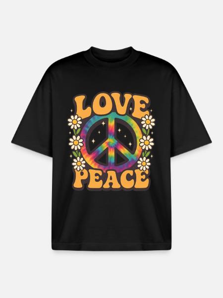 Love Peace 70s Retro - Boxy Heavyweight Unisex Organic T-Shirt by Stanley/Stella - black