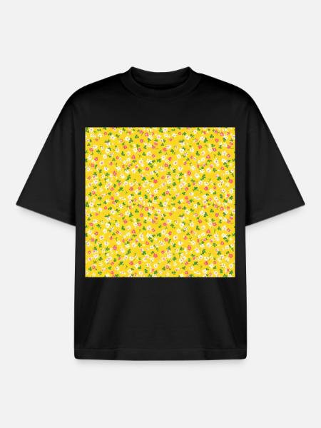 60s-ditsy-floral-yellow-pattern - Boxy Heavyweight Unisex Organic T-Shirt by Stanley/Stella - black