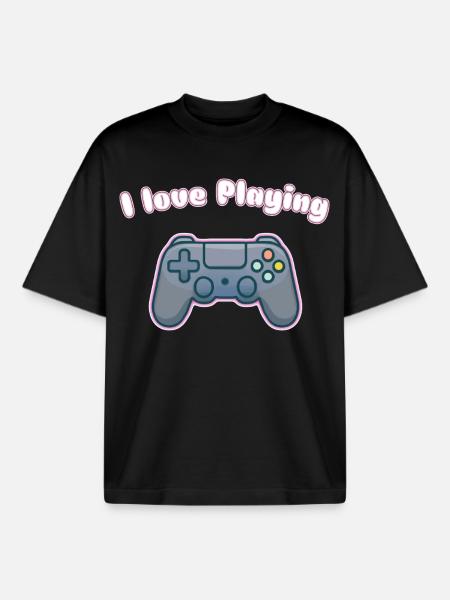 I Love Playing - Gaming Controller Design - Boxy Heavyweight Unisex Organic T-Shirt by Stanley/Stella - black