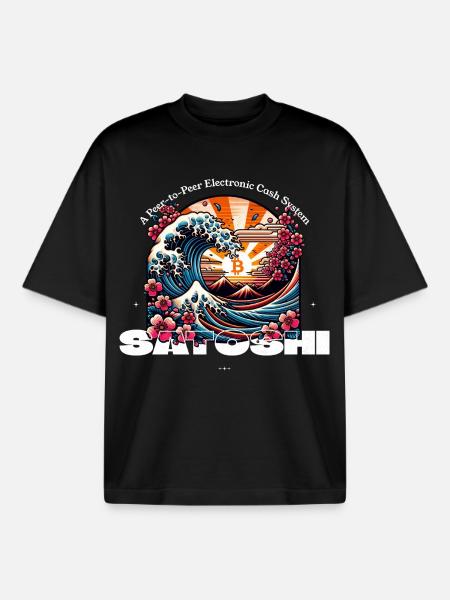 Bitcoin Ukiyoe Welle mit Kirschblüten - Boxy Heavyweight Unisex Organic T-Shirt von Stanley/Stella - Schwarz
