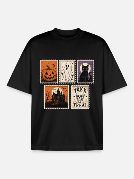 Halloween Spooky Stamps Fantôme Chat Fantôme - T-shirt unisexe boxy épais biologique Stanley/Stella - noir