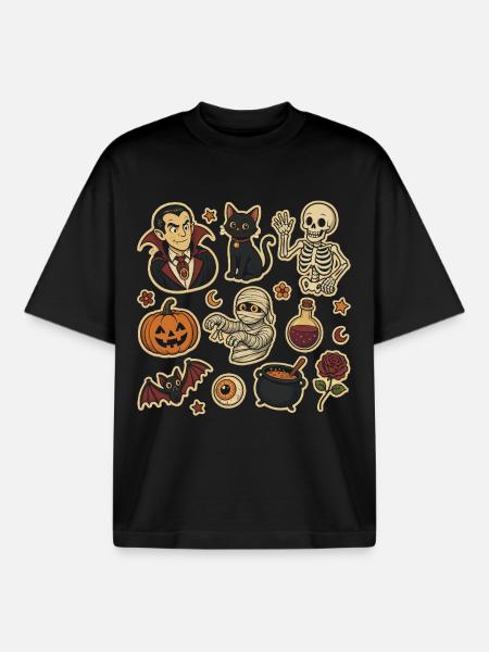 Ensemble d’autocollants Halloween Effrayants - T-shirt unisexe boxy épais biologique Stanley/Stella - noir
