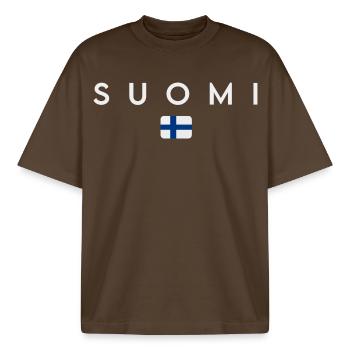 Flag of Finland, Finnish pride - Boxy Heavyweight Unisex Organic T-Shirt by Stanley/Stella - mocha - Front - AI Model Male 185 light (185cm) & AI Model Female 172 dark (172cm)