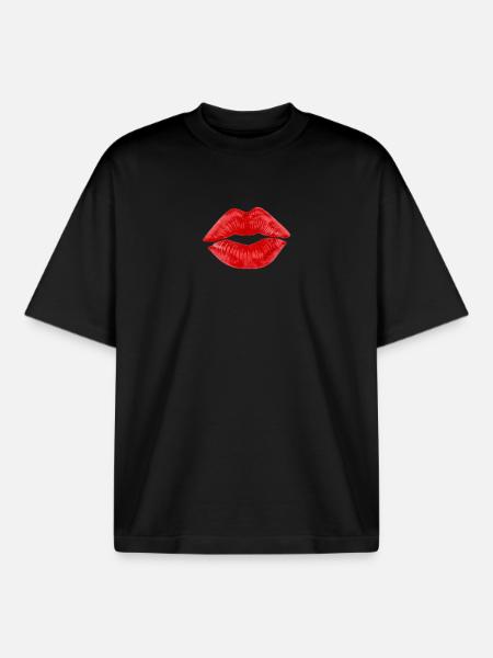 Kissing Lips Lipstick Gift Couples - Boxy Heavyweight Unisex Organic T-Shirt by Stanley/Stella - black