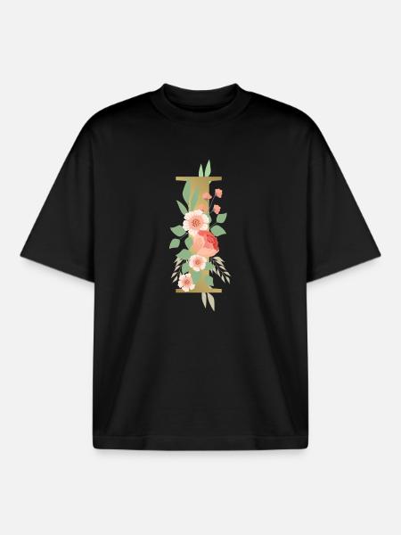 Elegant letter 'I' with flowers - Boxy Heavyweight Unisex Organic T-Shirt by Stanley/Stella - black