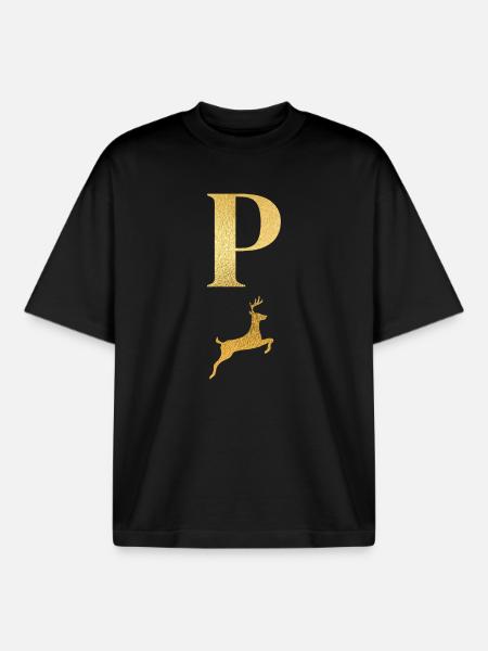Letter p golden deer - gift idea - Boxy Heavyweight Unisex Organic T-Shirt by Stanley/Stella - black