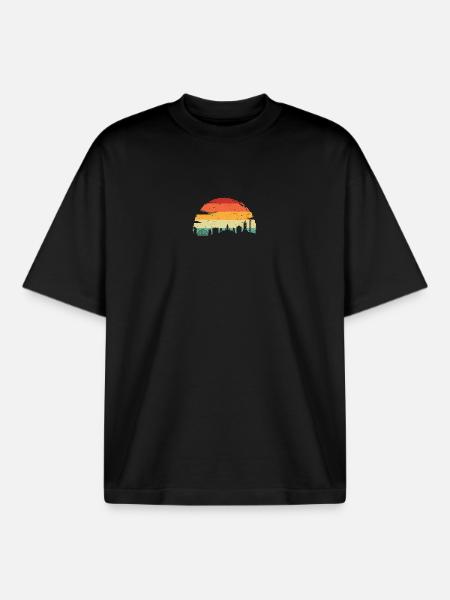 Retro Sunset Skyline Cityscape - Boxy Heavyweight Unisex Organic T-Shirt by Stanley/Stella - black