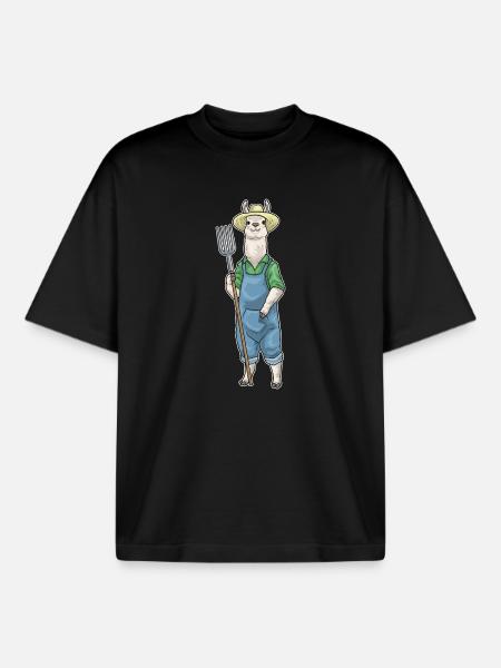 Llama Farmer Pitchfork Farm - Boxy Heavyweight Unisex Organic T-Shirt by Stanley/Stella - black