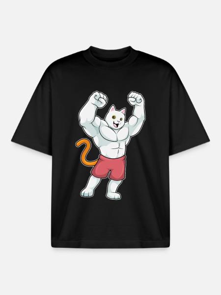 Cat Bodybuilder Bodybuilding Sport - Boxy Heavyweight Unisex Organic T-Shirt by Stanley/Stella - black
