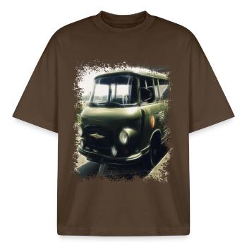 Barkas - NVA - RDA - Transporteur - T-shirt unisexe boxy épais biologique Stanley/Stella - marron foncé - Devant - AI Model Male 185 light (185cm) & AI Model Female 172 dark (172cm)