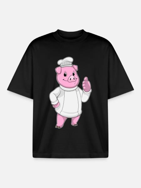 Pig Chef Chef Hat Cooking - Boxy Heavyweight Unisex Organic T-Shirt by Stanley/Stella - black