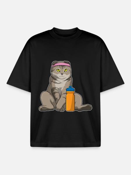 Cat Workout Gymnastics Fitness - Boxy Heavyweight Unisex Organic T-Shirt by Stanley/Stella - black