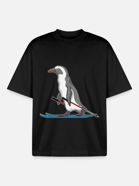 Penguin Skier Ski - Boxy Heavyweight Unisex Organic T-Shirt by Stanley/Stella - black