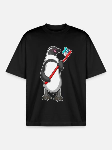 Penguin Toothbrush - Boxy Heavyweight Unisex Organic T-Shirt by Stanley/Stella - black