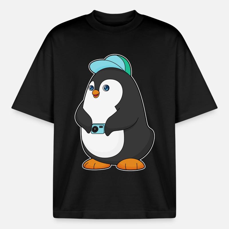 Caméra Pingouin - T-shirt unisexe boxy épais biologique Stanley/Stella - noir