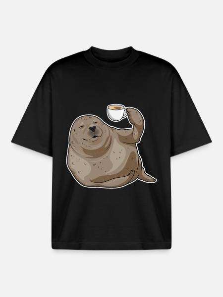 Seal Cup of Coffee - Boxy Heavyweight Unisex Organic T-Shirt by Stanley/Stella - black
