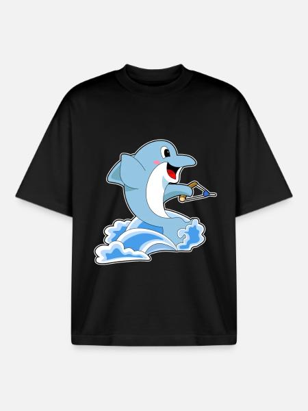 Dolphin Water Skiing - Boxy Heavyweight Unisex Organic T-Shirt by Stanley/Stella - black